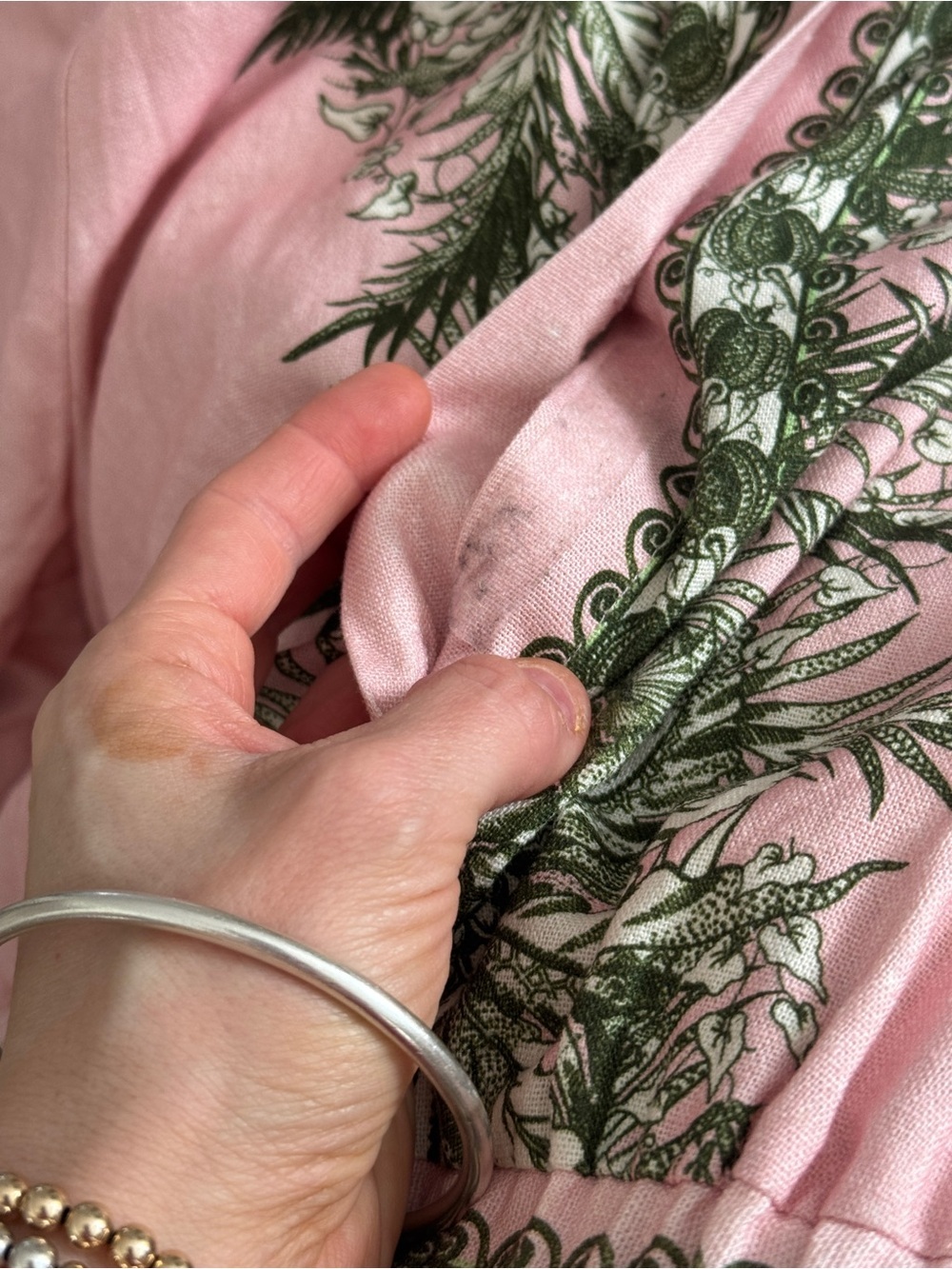 Linen maxi dress button down shirt collar tropical palm print pockets blush - Picture 15 of 15